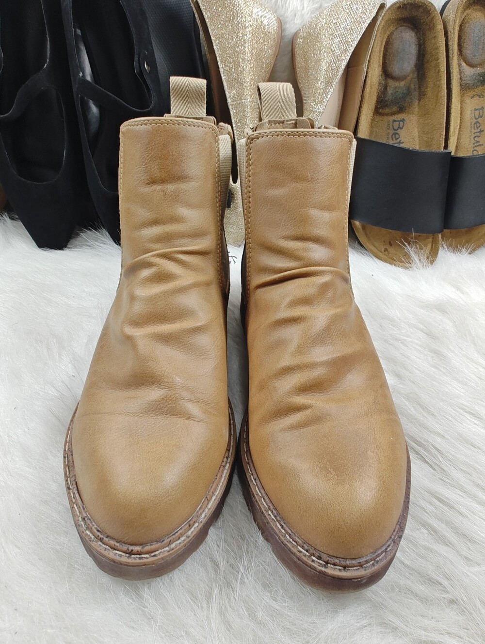 Blowfish Malibu Chillin Chelsea Boots Tan Purple Vegan Leather Dual Zip Women 8